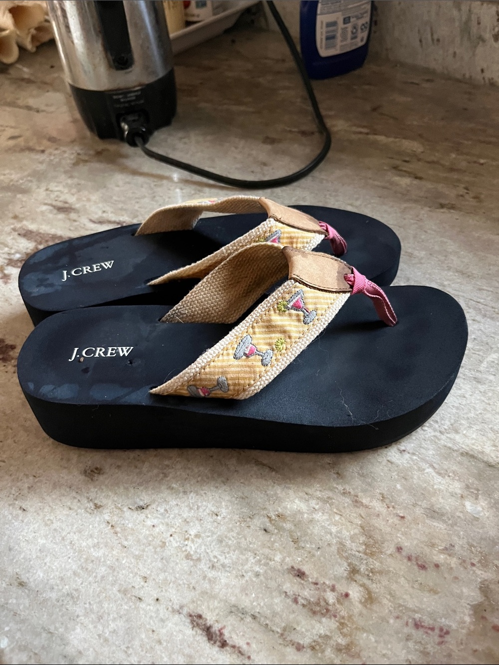 J. Crew Women's Black Platform Flip Flops with Yellow Embroidered Straps